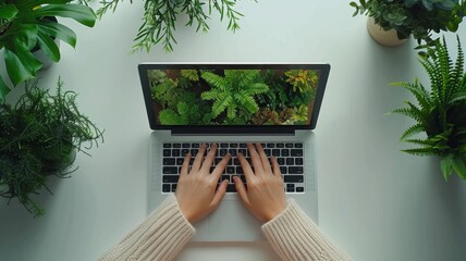 Woman hands typing on laptop computer keyboard. Generative AI