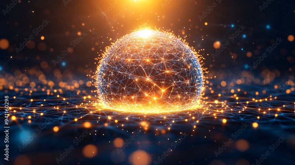 Leinwandbilder An abstract visualization of AI as a pulsating digital sphere filled with interconnected data and algorithms Stock Photo with copy space