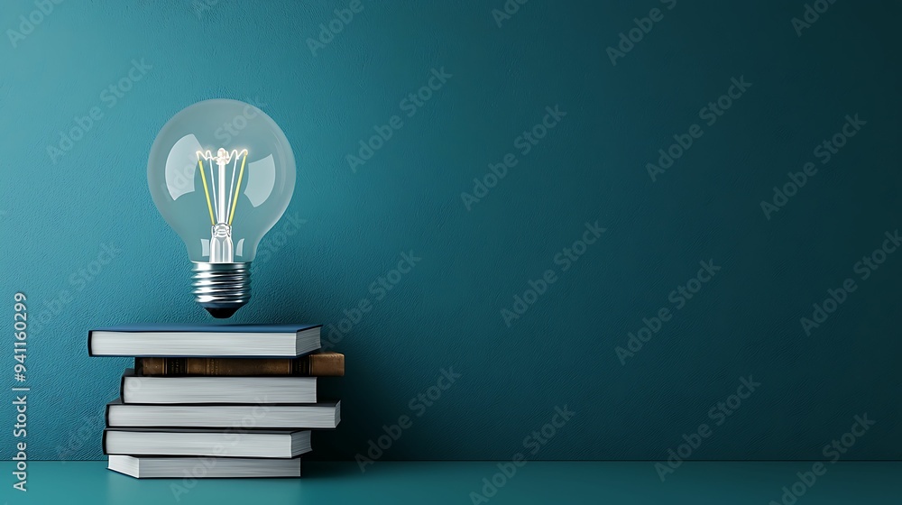 Poster illuminating education: lightbulb with books filament sparking creativity copy space for text