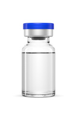 Clear glass vial with a blue cap containing a colorless liquid isolated. 3D rendering illustration. Transparent PNG image.