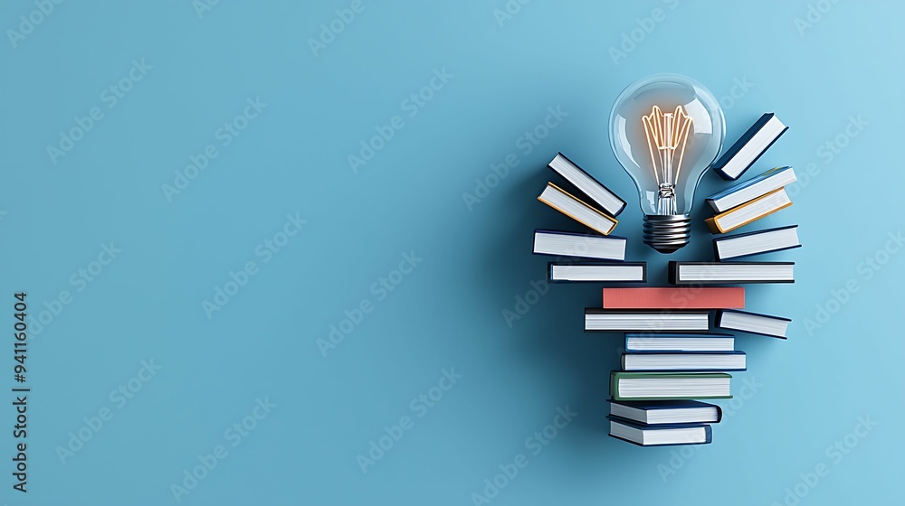 Poster illuminating creativity - lightbulb with books orbiting symbolizing power of creative knowledge.
