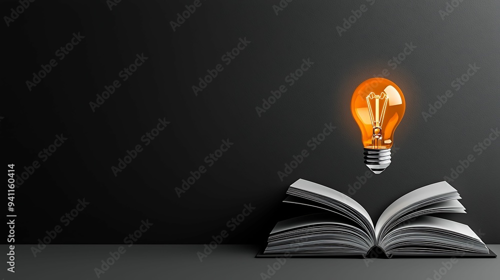 Poster illuminating ideas: lightbulb emerging from open book with copy space.