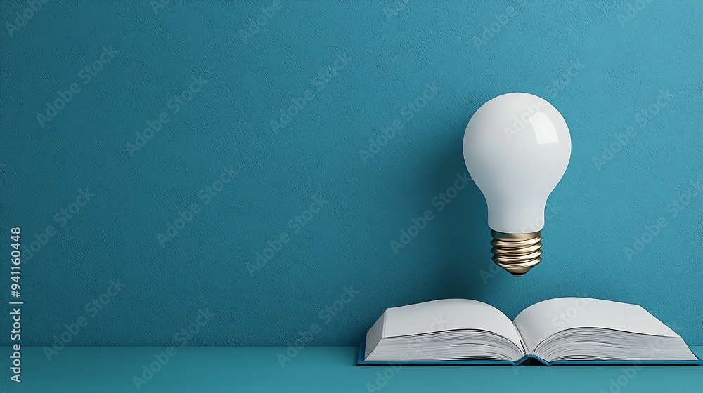 Poster Idea book innovation through reading Open book with a floating light bulb above symbolizes creativity and inspiration. Perfect for themes of knowledge innovation