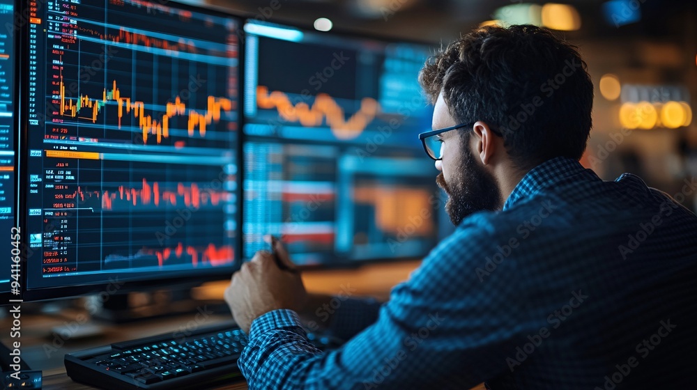 Poster A financial analyst using AI-driven tools to predict stock market trends and manage investments Stock Photo with copy space