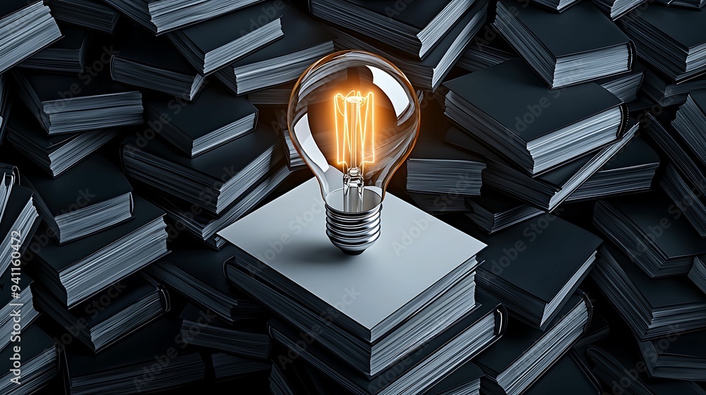 Poster illuminating creativity: glowing lightbulb in a sea of books and ideas with copy space for text