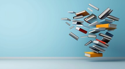 Fototapeta premium Literary Transformation: Books Soaring into Abstract Freedom with Copy Space