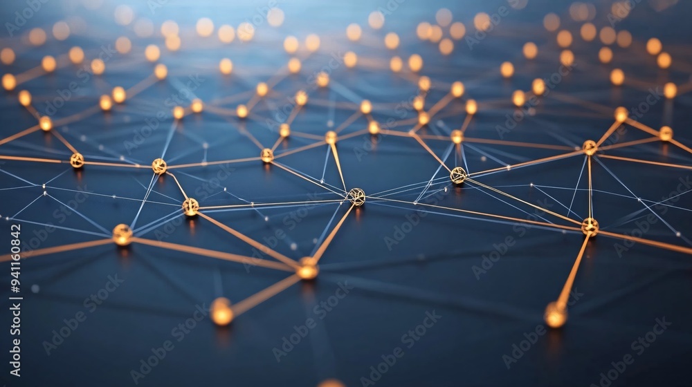 Poster An abstract depiction of AI as a network of glowing spheres representing interconnected data points and algorithms Stock Photo with copy space