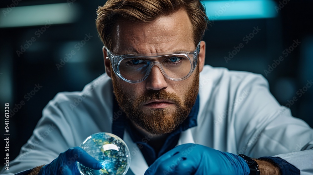 Poster A research scientist using AI tools to model and predict environmental changes on a global scale Stock Photo with copy space