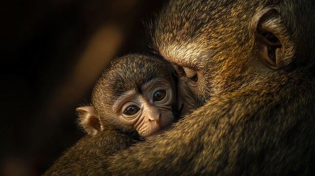 Adorable baby monkey holding onto mother ideal for heartwarming primate-themed images