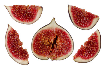 Fig raw fruit cut in half and slices with pulp close-up set isolated on white background