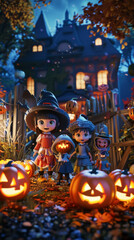 Cartoon Kids in Halloween Costumes with Pumpkins