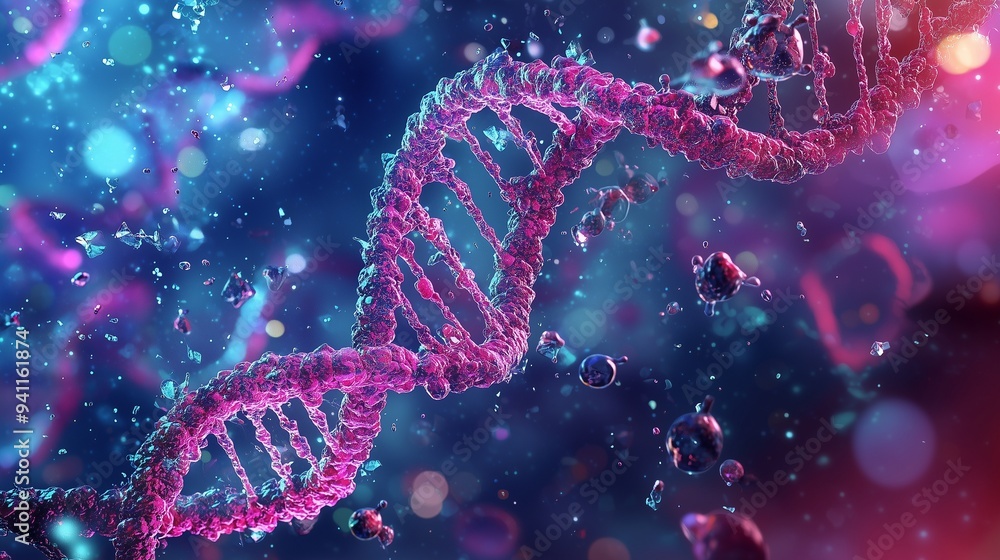 Poster dna double helix structure representing genomics and biomarker research.