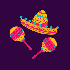Mexican Traditional Clothes Sombrero Hat Maraca, Mexico Cinco De Mayo Holiday Flat Vector Illustration. Cinco de Mayo Mexican Hat, Maracas Cartoon Clipart. Mexican Maracas icon