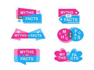 Colorful set of six logos showing the concept of myths versus facts, separating truth from lies