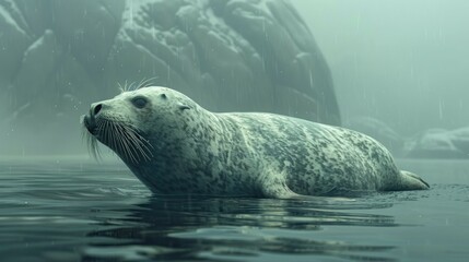 Fototapeta premium A Gray Seal Swimming in Calm Water on a Foggy Day