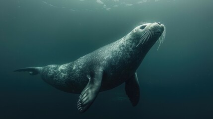 Naklejka premium Grey Seal Swimming Upwards in Blue Water
