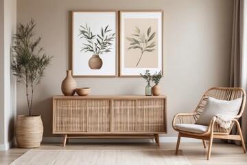 Minimalist Living Room Interior with Wicker Furniture and Botanical Prints