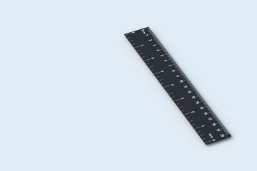 Black ruler with inches and centimeters on gray background. School equipment. Measuring tool. Copy space. 3d render