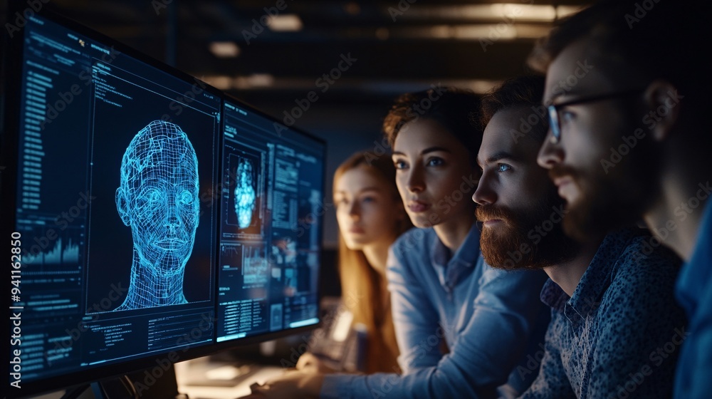 Poster A tech startup team using AI-driven collaboration tools to develop innovative solutions in a modern workspace Stock Photo with copy space
