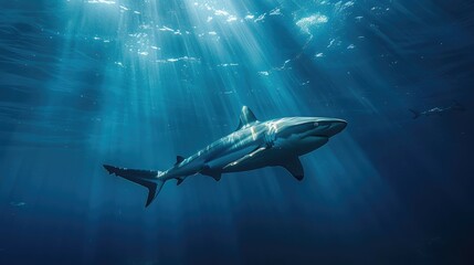 Fototapeta premium A Lone Shark Swims Through Sunbeams in the Ocean Depths