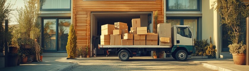 Moving Truck with Cardboard Boxes in Front of Modern House on a Sunny Day