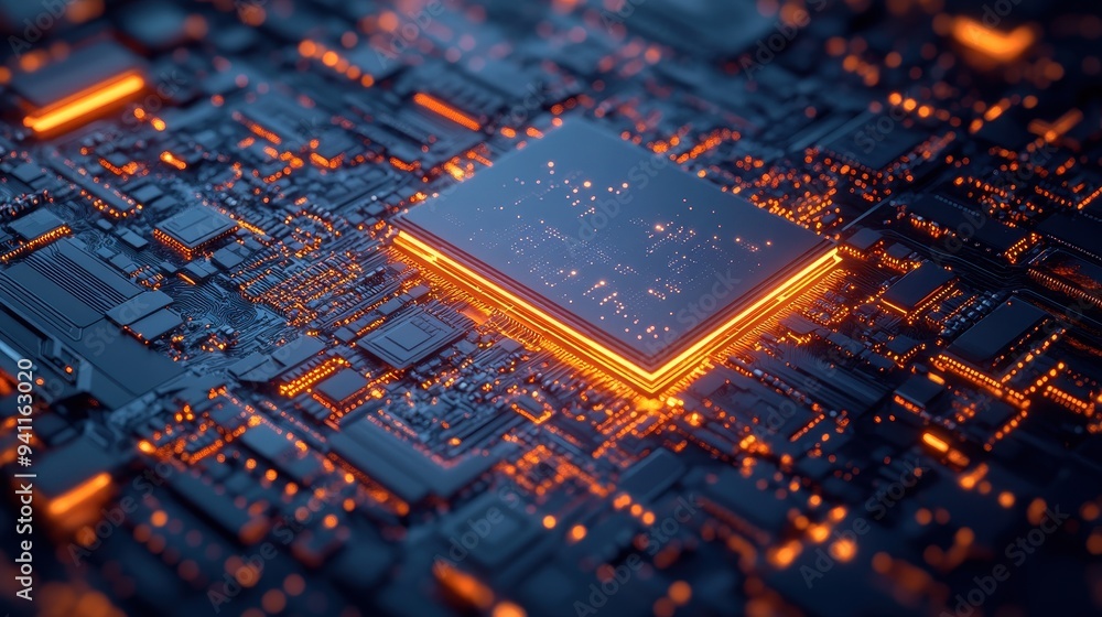 Poster close up of circuit board with glowing orange lines and processor.