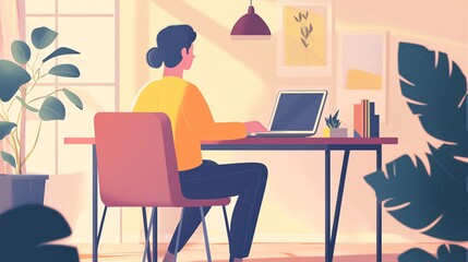 Modern workspace with a person working on a laptop, surrounded by plants and warm light that creates a cozy atmosphere.