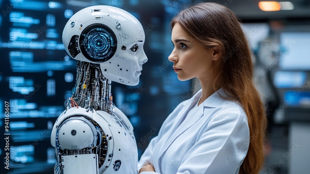 Poster A futuristic research lab where AI-driven systems assist scientists in groundbreaking discoveries Stock Photo with copy space