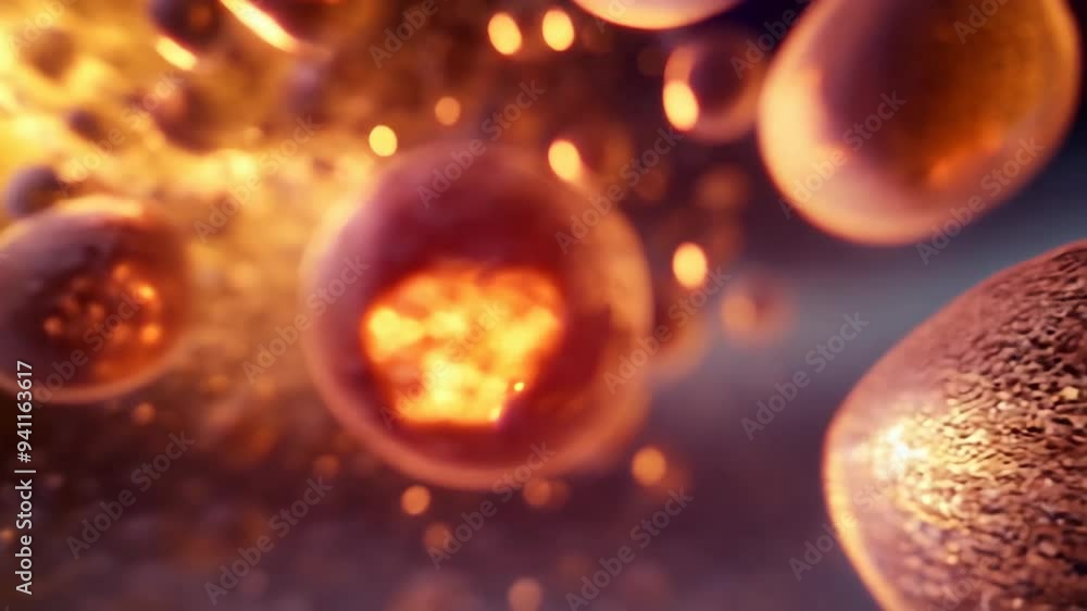 Poster 3d rendering of fiery cells floating in space with a glowing nucleus