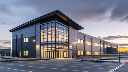 Obraz premium Modern warehouse exterior at dusk with high key lighting