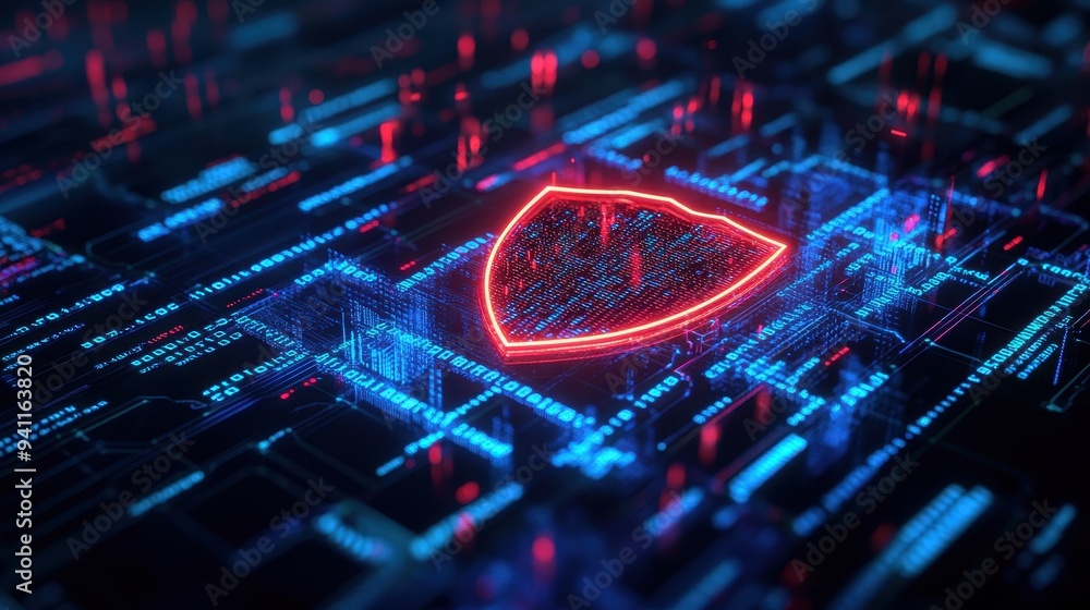 Aufkleber cyber security shield on digital circuit board with neon lights - abstract technology concept.