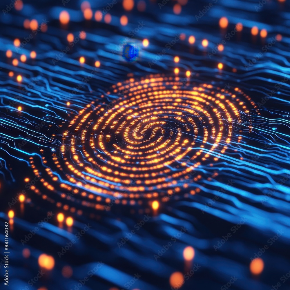 Aufkleber abstract digital fingerprint with glowing lines and circles - cyber security concept.
