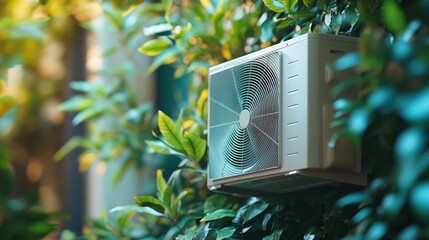Modern Air Conditioning Unit Mounted on a Wall Surrounded by Green Foliage in a Natural Setting