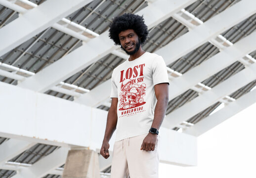 Mockup Of Man In Customizable T-Shirt, Low Angle