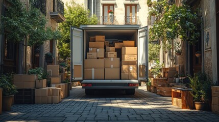 Fototapeta premium Moving Truck Filled with Cardboard Boxes in a Quaint European Alleyway on a Sunny Day