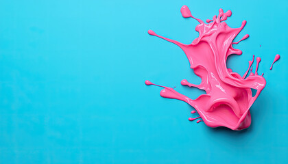 Vibrant pink paint splash against a bright blue background, showcasing dynamic movement and artistic creativity.