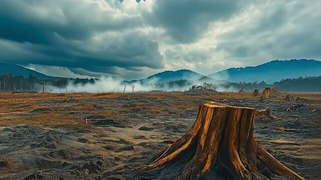 A stark and haunting view of a deforested landscape, with tree stumps and barren earth stretching into the distance. 