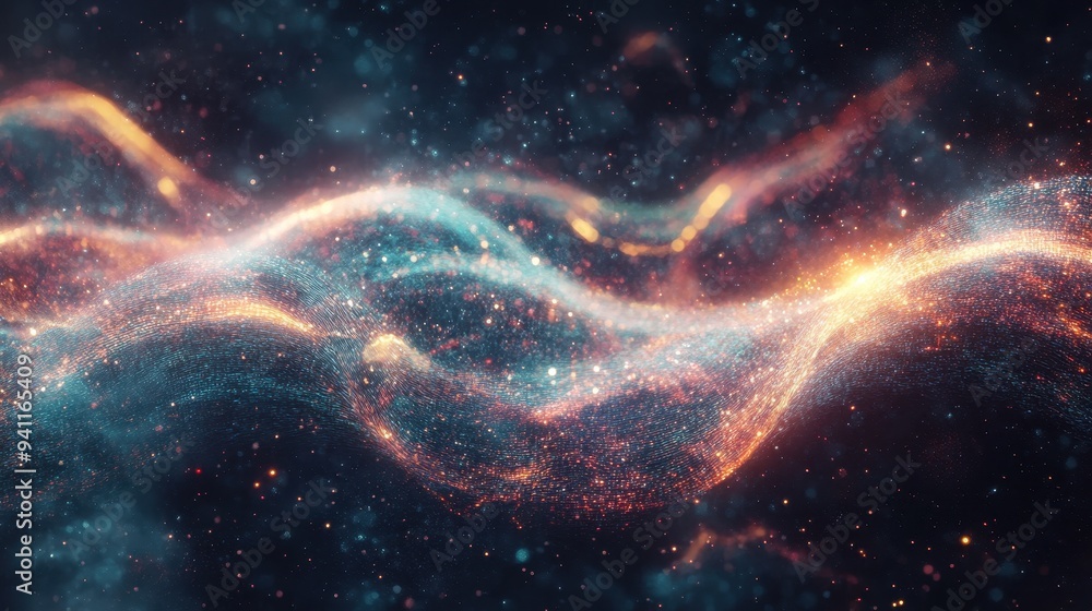 Poster abstract cosmic wave background with glowing particles and bokeh lights.