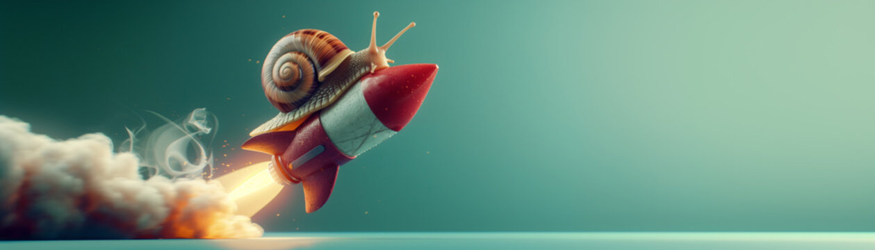 A whimsical and surreal image of a snail riding on a rocket, combining elements of speed and slowness, symbolizing the contrast between patience and acceleration