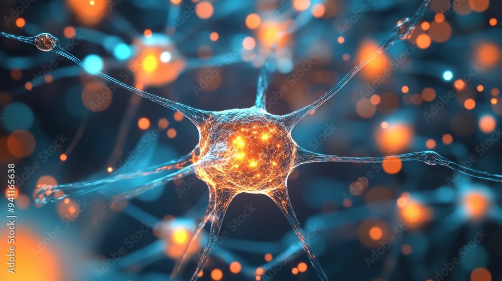 Poster abstract neuron cell with glowing synapses - 3d rendering of the human nervous system.
