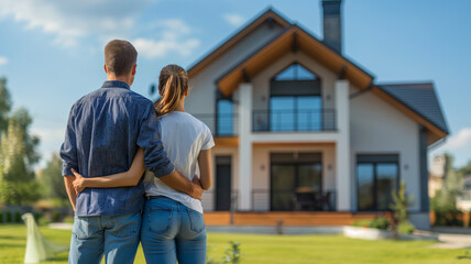 A young couple stands arm in arm, admiring their new dream home, symbolizing love, partnership, and the achievement of a major life milestone