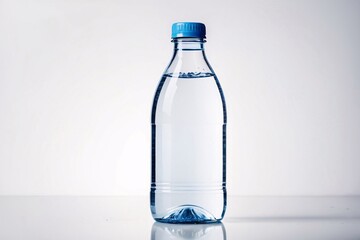 Fototapeta premium A single plastic bottle of water with a blue cap on a white background.