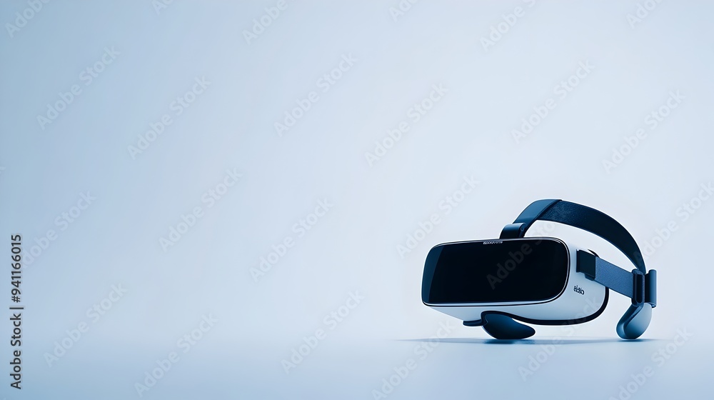 Poster photograph of a virtual reality headset placed on a table isolated on a white background with ample 