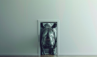 A large rhinoceros attempting to squeeze through a small door frame, symbolizing the concept of overwhelming challenges or obstacles in a minimalist setting