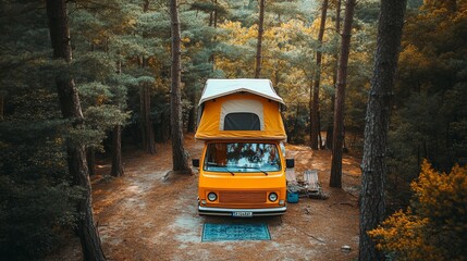 Yellow Camper Van with a Roof Top Tent Parked in a Forest, Embracing the Nomadic Camping Lifestyle