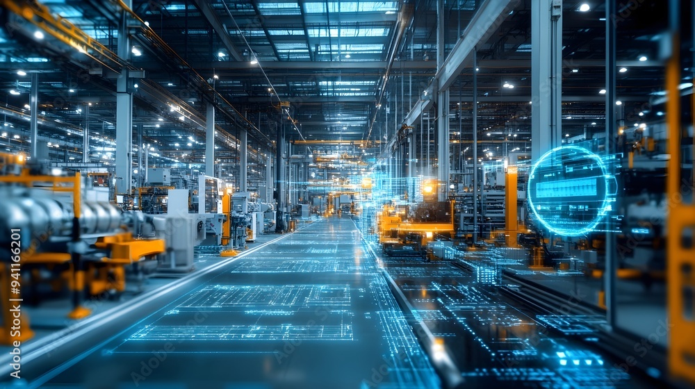 Poster a modern factory floor equipped with digital twin technology sensors and analytics dashboards to mon