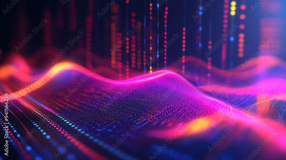 Poster abstract digital wave background with neon lights and glowing particles.