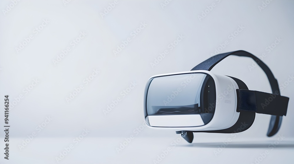 Poster a high angle shot of a virtual reality headset placed on a plain white table with ample negative spa