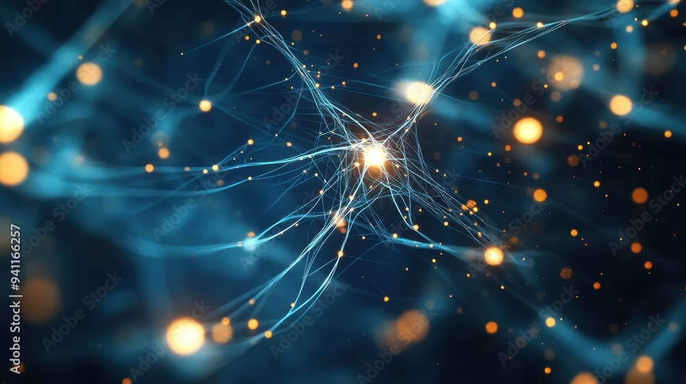 Poster abstract neural network background with golden lights and blue lines