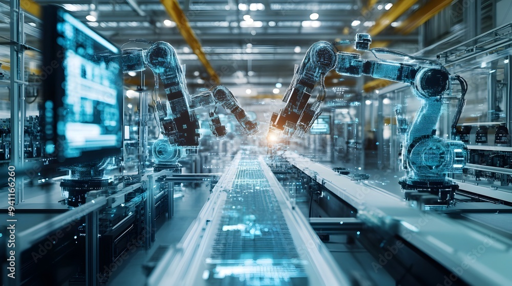 Aufkleber a futuristic factory floor being monitored by multiple digital twins leveraging advanced analytics a